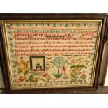 A late 19th century needlework sampler by Mary Jane Davies, aged 12 and dated 1886, including the