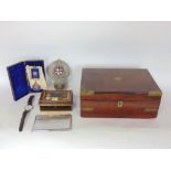 19th century rosewood and brass box, together with an RAC badge, tin cash box, a wristwatch, etc