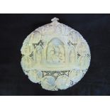 Exquisite Italian carved mother of pearl shell centrally decorated with the nativity scene framed by