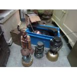 A small quantity of old kitchen enamel ware, four tilly lamps, Pan Knight enamelled companion set,