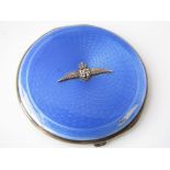 Silver and blue guilloche enamel compact, fitted with an RAF badge within an original suede pouch