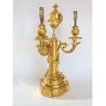 Good quality French cast ormolu 3 branch electric candelabra, mounted by a campania type urn with