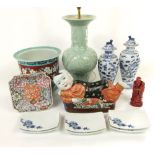 A quantity of oriental ceramics including lamp base with celadon type glaze with moulded floral