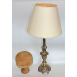 Cast gilt metal baluster lamp base of lobed form, 55 cm high, including shades together with a treen