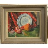 A 20th century oil painting on canvas of a still life, with fruit and a blue and white plate, etc