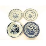 Four various oriental blue and white plates with painted floral and pagoda decoration approx size