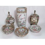 A quantity of reproduction oriental ceramics in the Cantonese manner comprising two lamp bases, a