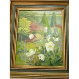 An oil painting on canvas by Patricia Winstone of a garden scene with white Japanese anemones,