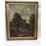 A 19th century oil painting on canvas of a wooded landscape with figure, signed bottom right K