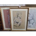 A group of three gouache, charcoal and mixed media life studies of female nude characters, 64 x 40cm