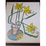 A signed coloured artists proof by Edwina Sandys showing a still life with daffodils, signed