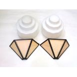 A pair of art deco milk white ceiling shades, twelve sided on tree graduated tiers together with a