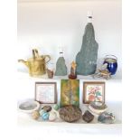 Box of interesting items to include carved stone/marble eggs, abalone shells, wood printers carving;