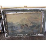 A large 19th century oil painting on canvas of an unusual subject showing a mountainous landscape