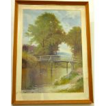 A pair of early 20th century oil paintings on card of river landscapes, one with timber bridge,