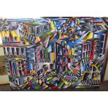 A brightly coloured contemporary abstract subject on canvas incorporating figures, buildings,