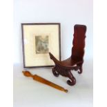 A small mixed lot to include a Chinese carved hardwood plate stand, a vintage treen ring sizer and