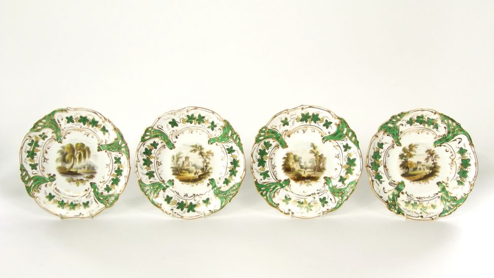 A good quality 19th century dessert service with central painted landscape panels within green and - Image 5 of 6