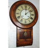 A walnut and marquetry drop dial wall clock, fitted with a two train 29cm dial and gilt pendulum,