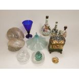Good mixed glass lot to include a green glass casket with gilt overlay and further decoration,
