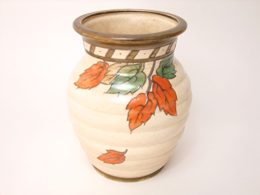 A Crown Ducal vase of ribbed moulded form designed by Charlotte Rhead with painted autumn leaf - Image 2 of 2