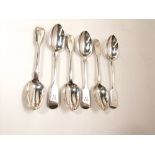 Set of six Victorian fiddle pattern tea spoons, each monogrammed with a 'W', maker T S, Chester