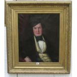 A 19th century oil painting on canvas, half length portrait of a gentleman in yellow waistcoat and