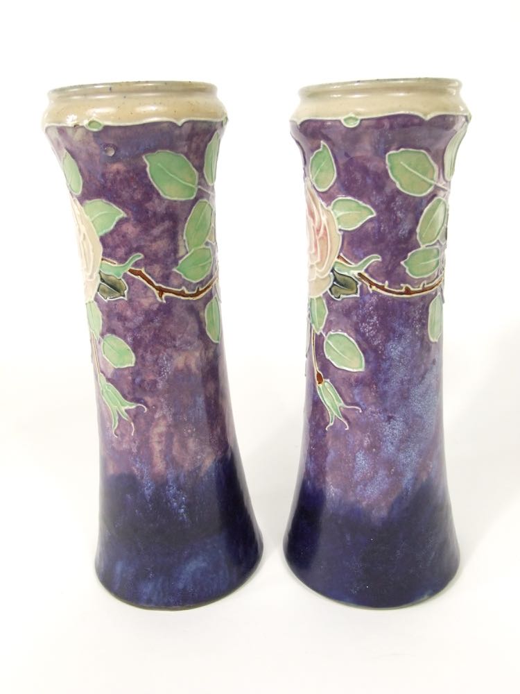 A pair of tall Royal Doulton vases of tapering form with moulded and painted rose and leaf - Image 4 of 4