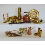 A collection of polished brass and copperware to include kettles, candlesticks, warming pans, Trench