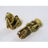 Two 19th century ivory netsuke, a beggar holding a bowl aloft and two characters stirring a bowl