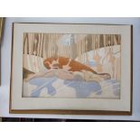 A watercolour study of a reclining female nude figure against an abstract style background,