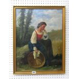 A 19th century continental oil painting on canvas of a resting female harvester holding a circular