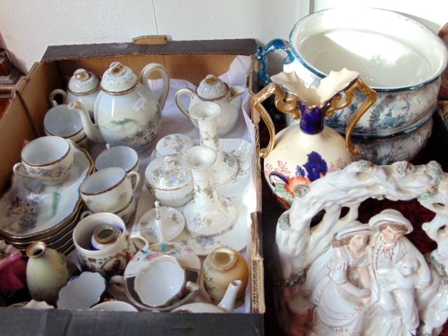 A 19th century Staffordshire arbour group, a collection of Japanese eggshell porcelain tea wares