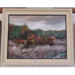 A 20th century eastern European oil painting on canvas of a harvesting scene with horse, cart and