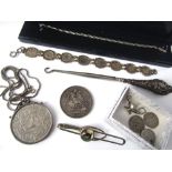 Silver items including a bracelet formed of eight threepence coins dating 1916 - 1937, an 1888