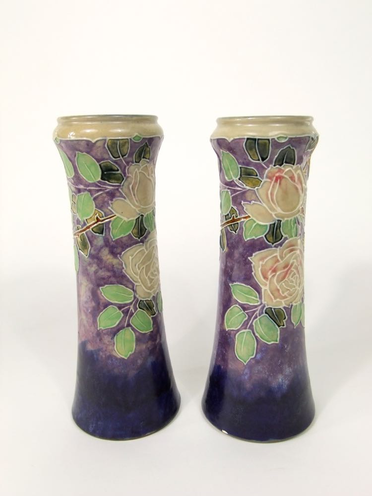 A pair of tall Royal Doulton vases of tapering form with moulded and painted rose and leaf - Image 2 of 4