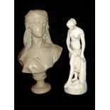 A plaster bust of a lady in a head scarf, upon a stepped circular plinth base, together with a