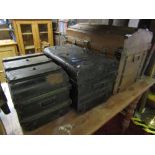 A Victorian tin trunk with domed top and timber lathes together with three others (4)