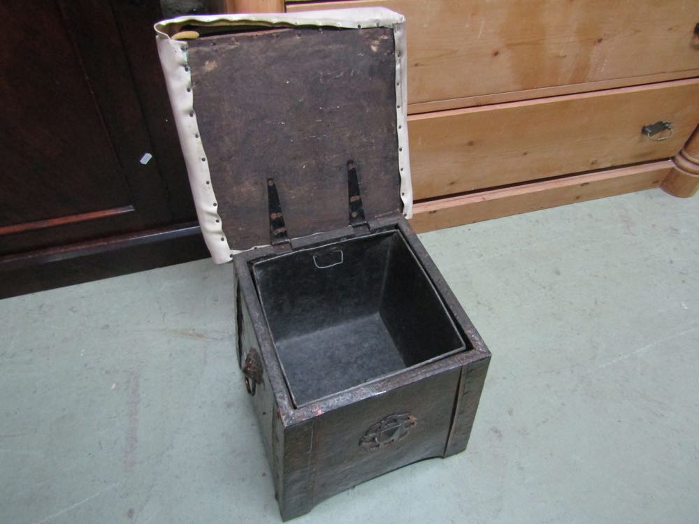 An arts and crafts hammered coal box of square tapering form with rivet panels with rising lid and - Image 2 of 2