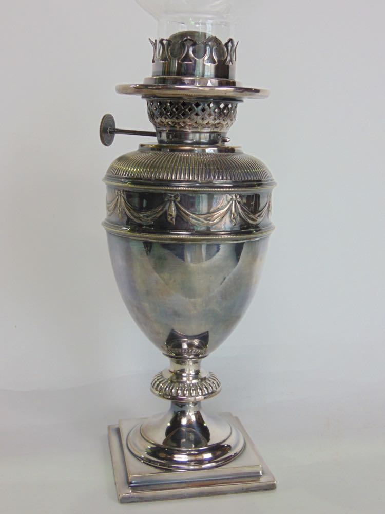 Good quality silver plated baluster oil lamp with embossed ribbon band, 26cm high - Image 2 of 2