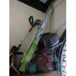 A Performance Power 370 electric rotary lawn mower and grass collection box together with a