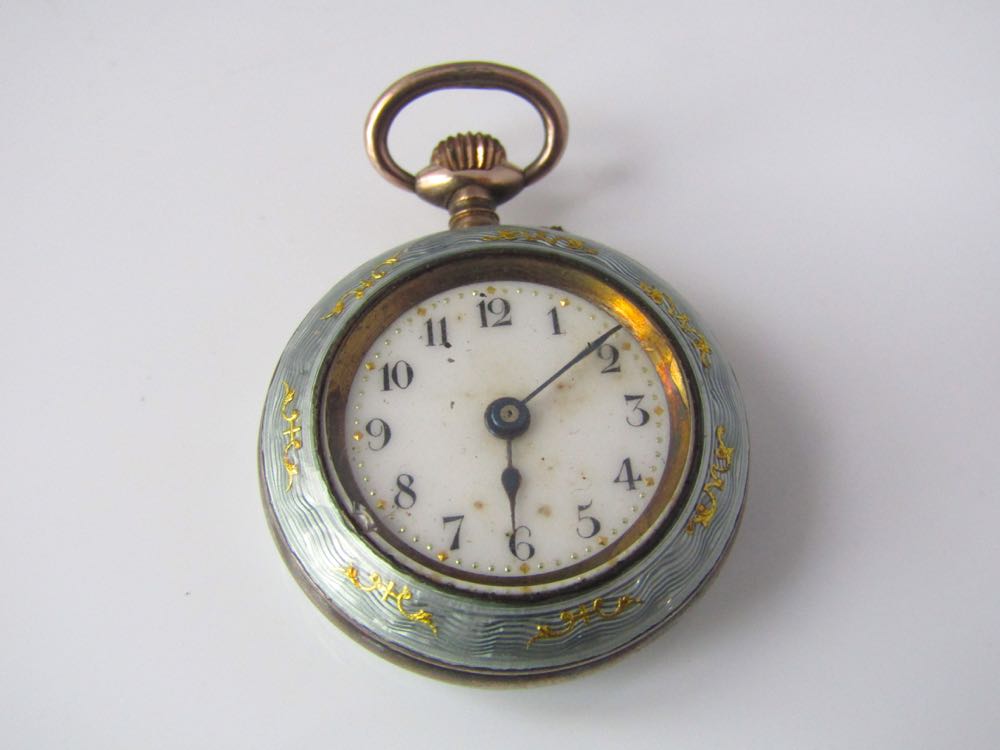 Continental white metal and guilloche enamelled fob watch