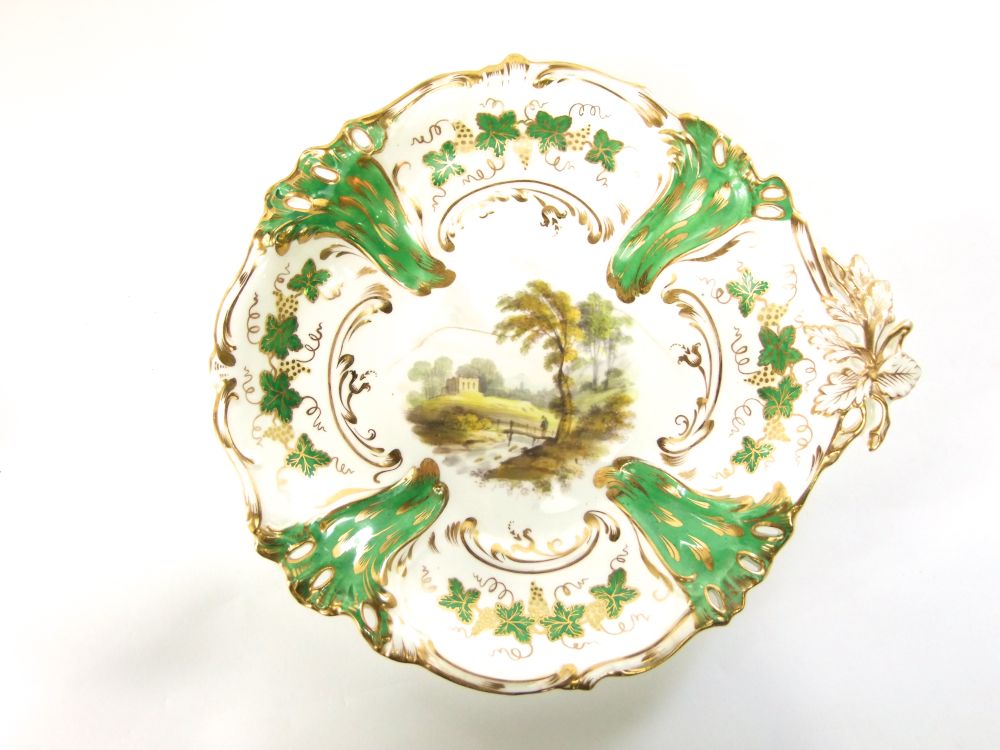 A good quality 19th century dessert service with central painted landscape panels within green and - Image 3 of 6