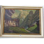 A mid-20th century oil painting on board by Alexander Scherban of an Tyrolean view with houses,