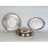 Three pieces of silver plate to include a dish a gallery tray and a salver