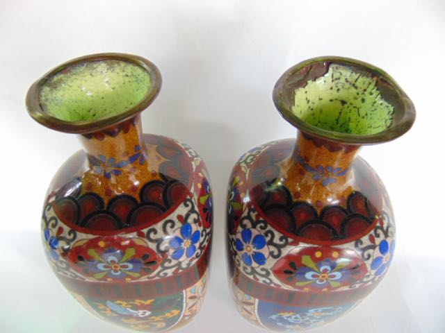 A pair of square baluster cloisonne vases with panels of birds, dragons, etc., 31 cm high approx ( - Image 2 of 2