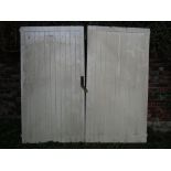 A pair of reclaimed tongue, grooved and braced painted wooden garage doors/gates, 7ft span x 78.5