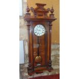 Walnut cased Vienna regulator drop dial wall clock, with two train enamel dial, weights pendulum and
