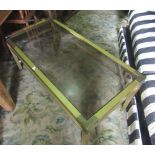 Italian style aluminium coffee table with brass lacquer and glass top, 108 cm long