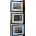 A set of four early 20th century gouache paintings of oriental coastal scenes with sailing junks, 19